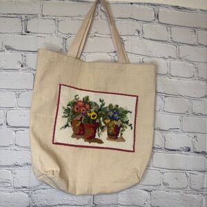 Cottagecore Needlepoint Floral Tote Bag Handmade Canvas Market Bag
